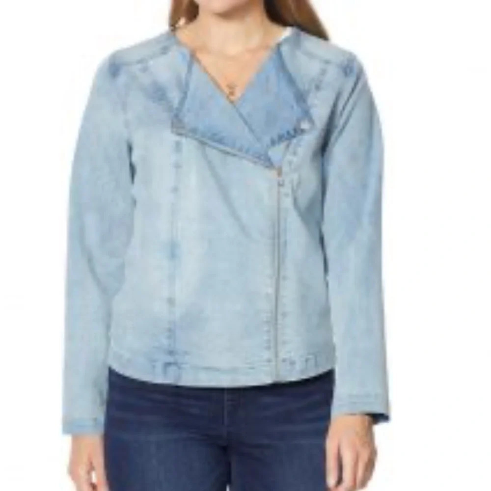 Diane Gilman Collarless Stretch Comfy Light Wash Denim Moto Jean/Jacket …